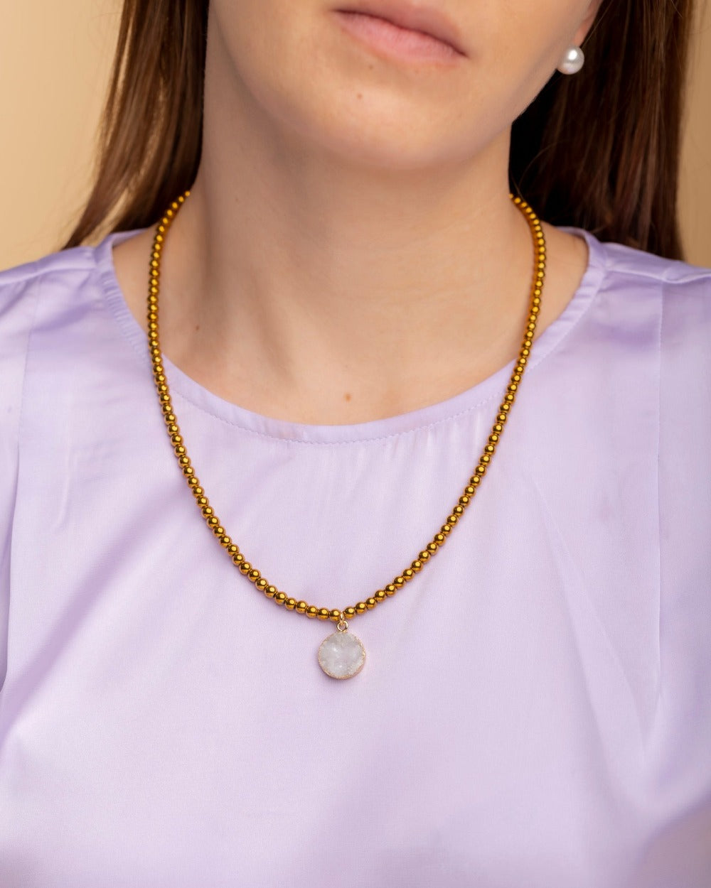 Gargantilla de Hematitas Doradas con Dije de Cristal Druzy - Bangili