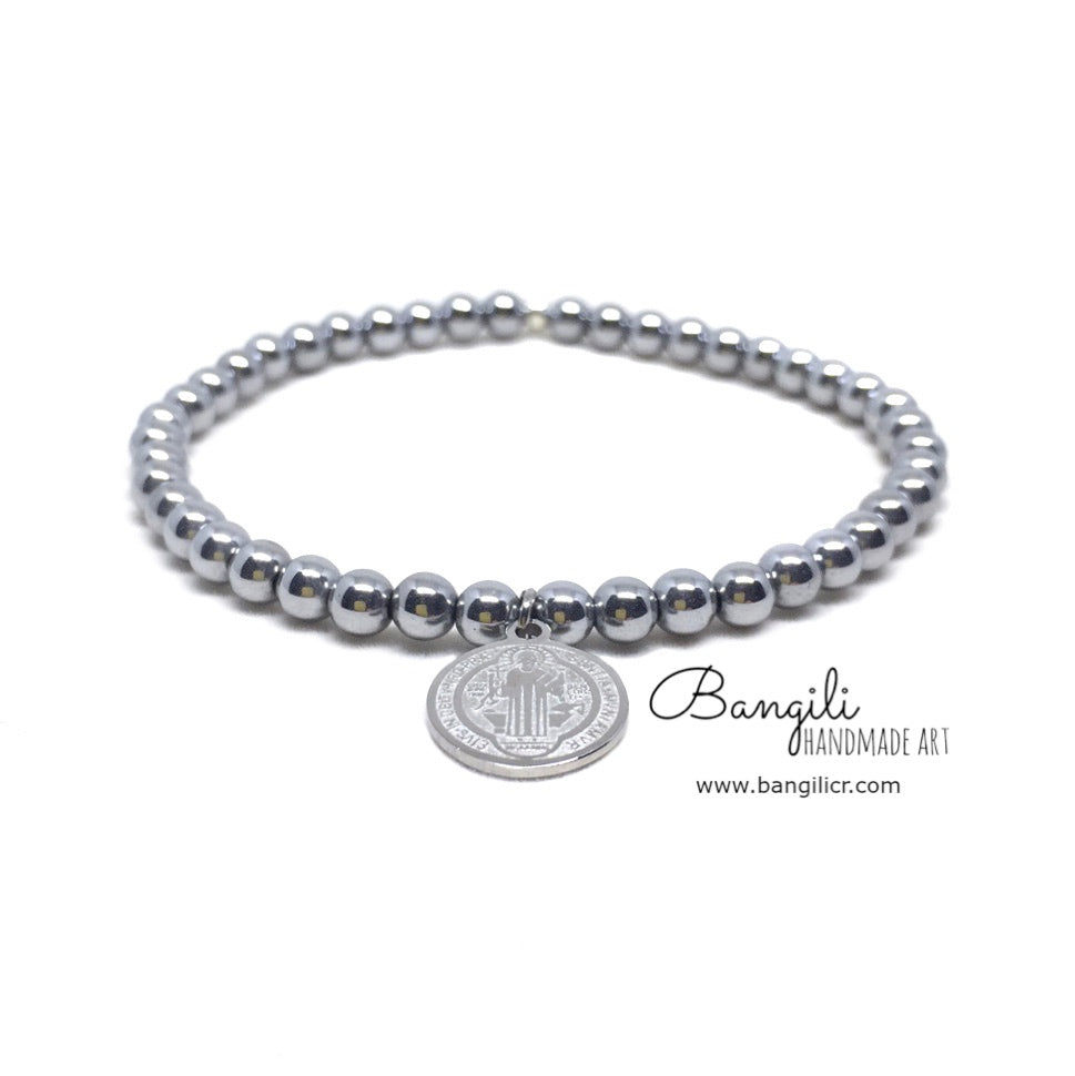 Pulsera de Hematitas con Dije de San Benito