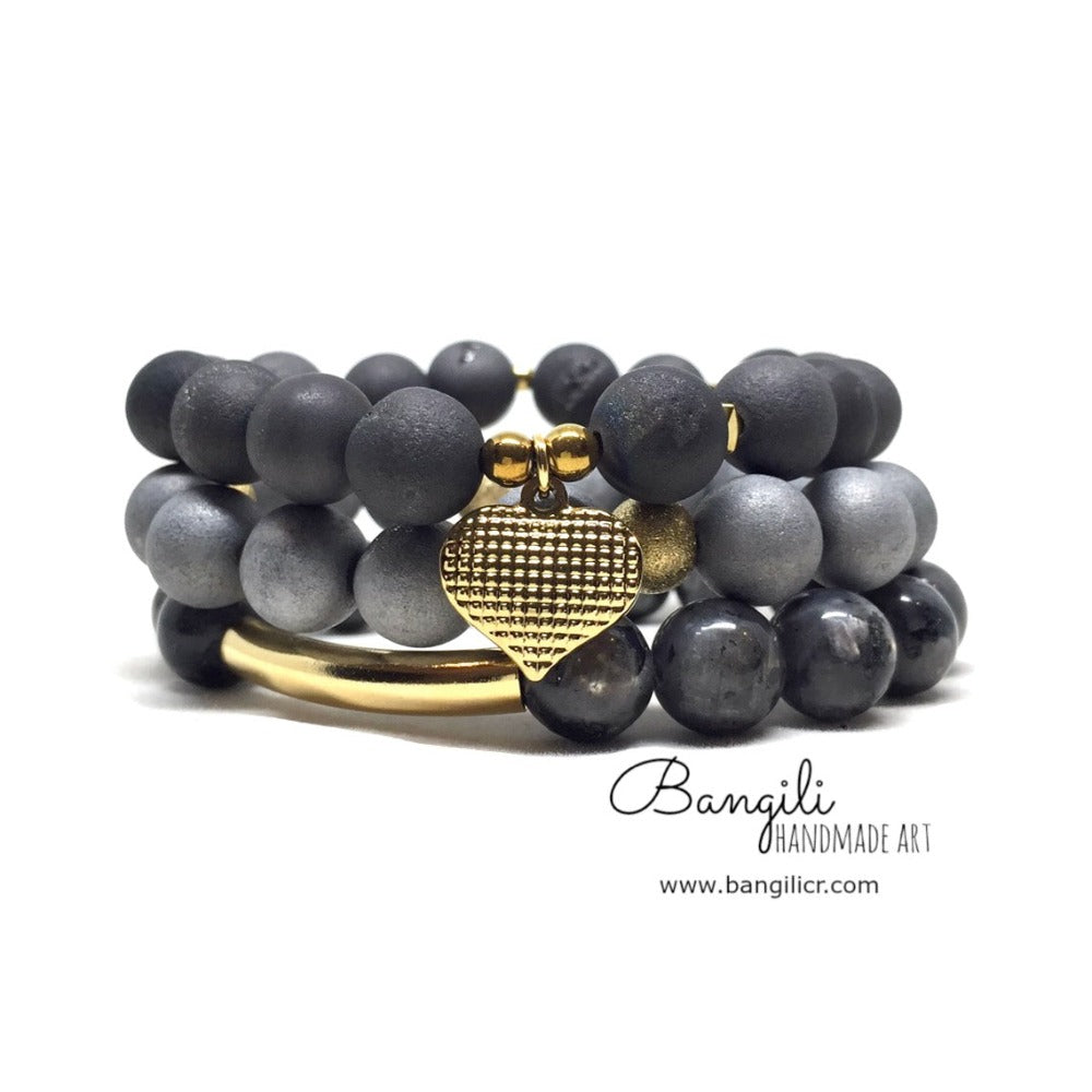 Trío de Pulseras de Ágatas Geodas de Druzy y Larvikita con Dije de Corazón y Stardust - Bangili