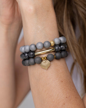 Trío de Pulseras de Ágatas Geodas de Druzy y Larvikita con Dije de Corazón y Stardust - Bangili